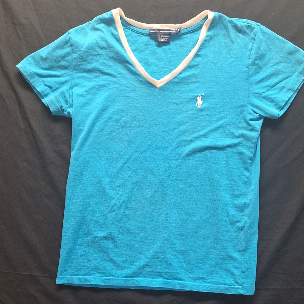Ralph Lauren Sport Women’s V-Neck T-Shirt - Size Small - Blue White Trim